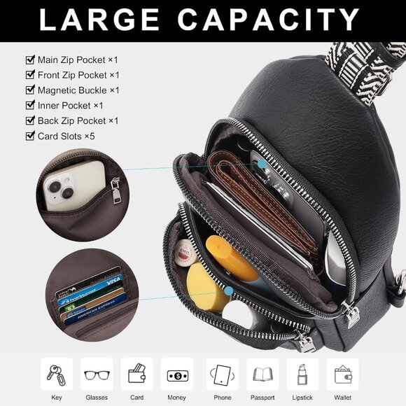 ? Women Black Leather Fanny Pack Small Vegan Chest Guitar Strap Crossbody Bag main image 6